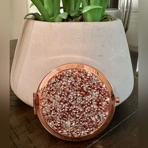 Rose Gold Rhinestone Compact Mirror With Gift Pouch